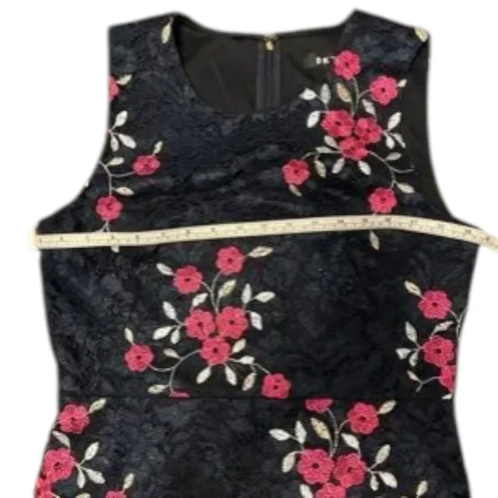 DKNY Navy Lace Dress Pink Floral Embroidery Sleeveless Cocktail Midi Sz 8 - Picture 10 of 11